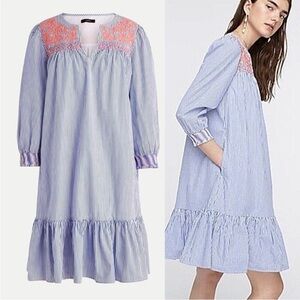 *NWT* J. Crew Embroidered Striped Popover Dress + Smocking, Ruffle Hem & Pockets